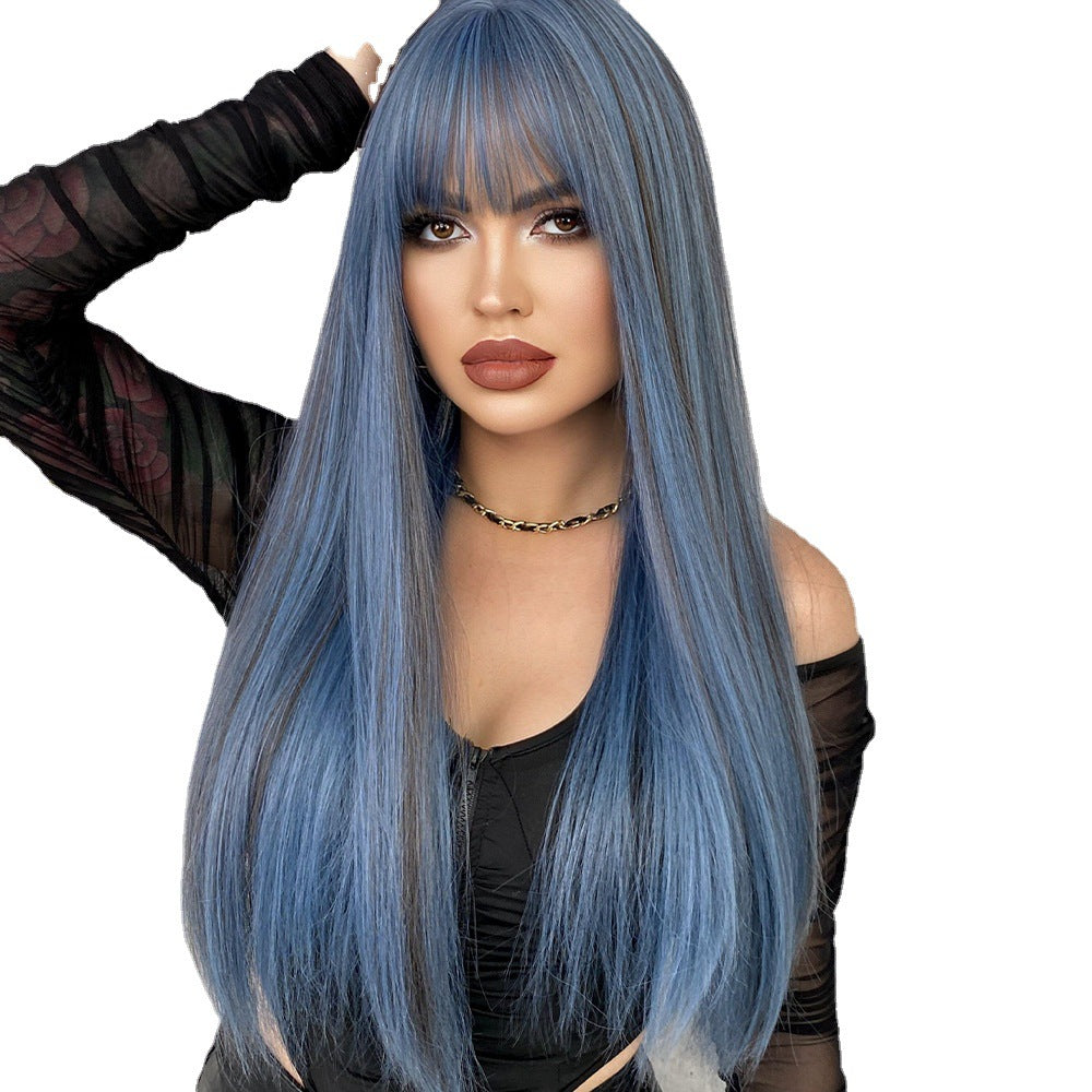 Long Ash Blue Straight Heat Resistant Wig with Bangs - Natural Looking Synthetic Hair for Bachelorette Party, Cosplay, Music Festival and Fantasy Themed Events - Versatile and Easy to Style Wig for Women