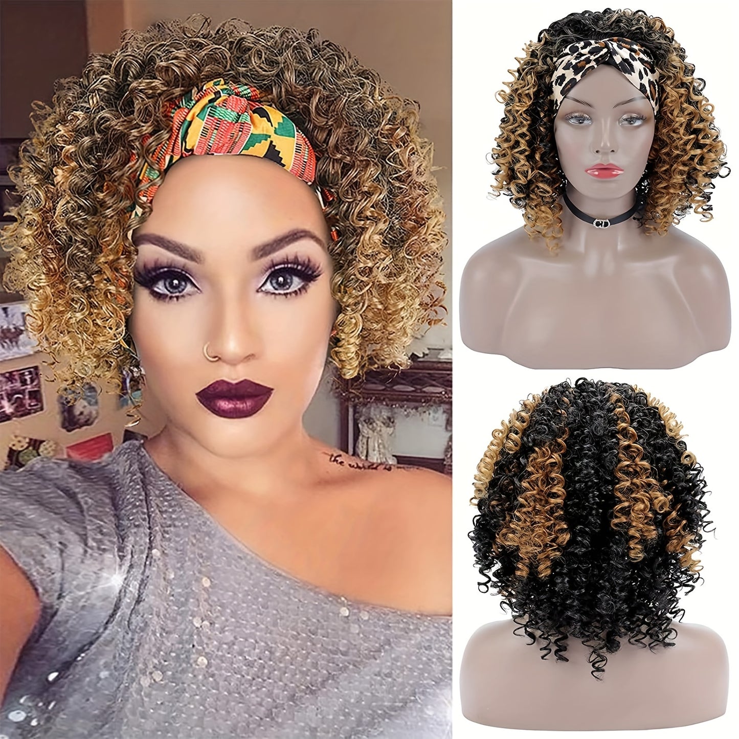 Headband Wigs 14 Inch Kinky Curly Headband Wigs For Women Synthetic Half Wig With Headband Attached No Lace Natural Black Curly Headband Wigs For Cosplay Party Daily Use