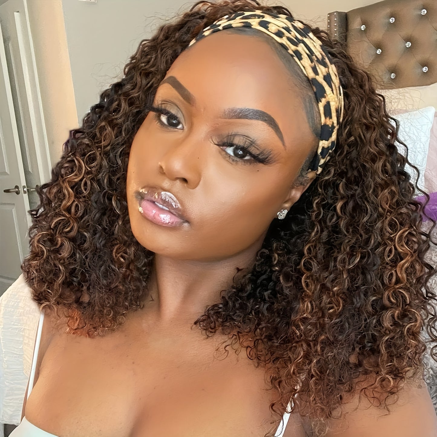 Headband Wigs 14 Inch Kinky Curly Headband Wigs For Women Synthetic Half Wig With Headband Attached No Lace Natural Black Curly Headband Wigs For Cosplay Party Daily Use