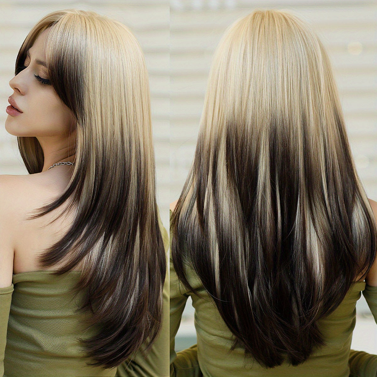 Heat Resistant Long Wavy Honey Blonde Wig with Bangs for Women - Natural Synthetic Brown Wig with Layered Style