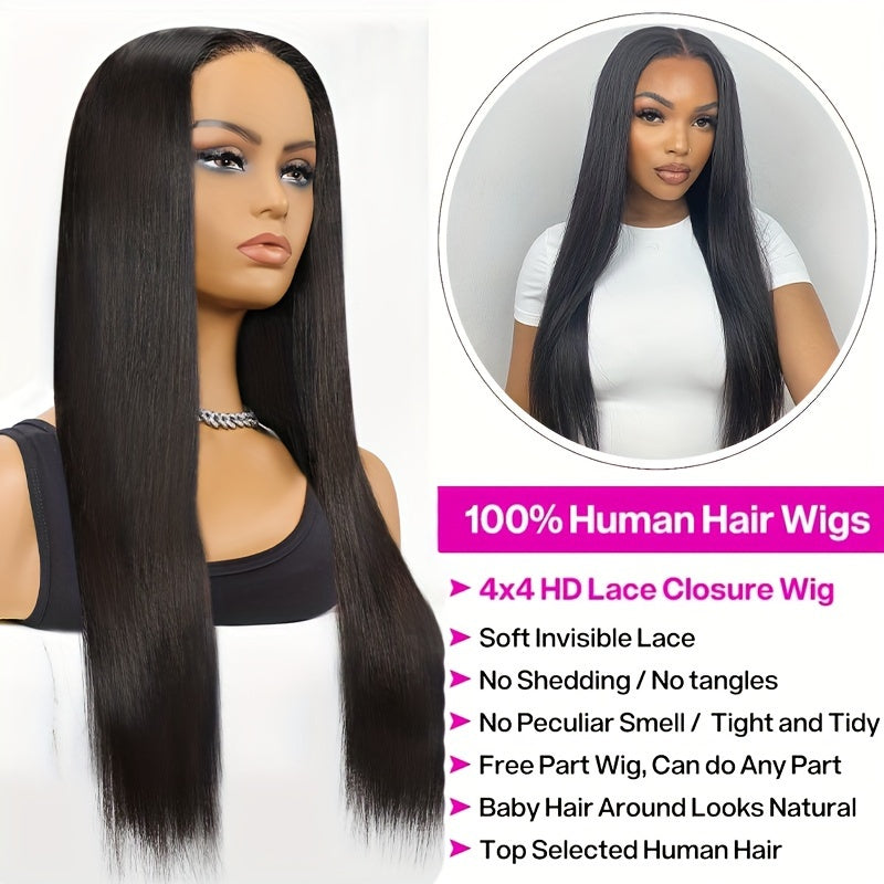 Luxurious 150% Density Human Hair Wig - Natural Looking Straight Hair with 4x4 HD Transparent Lace Front for Easy Styling, Ideal for Daily Wear & Special Occasions