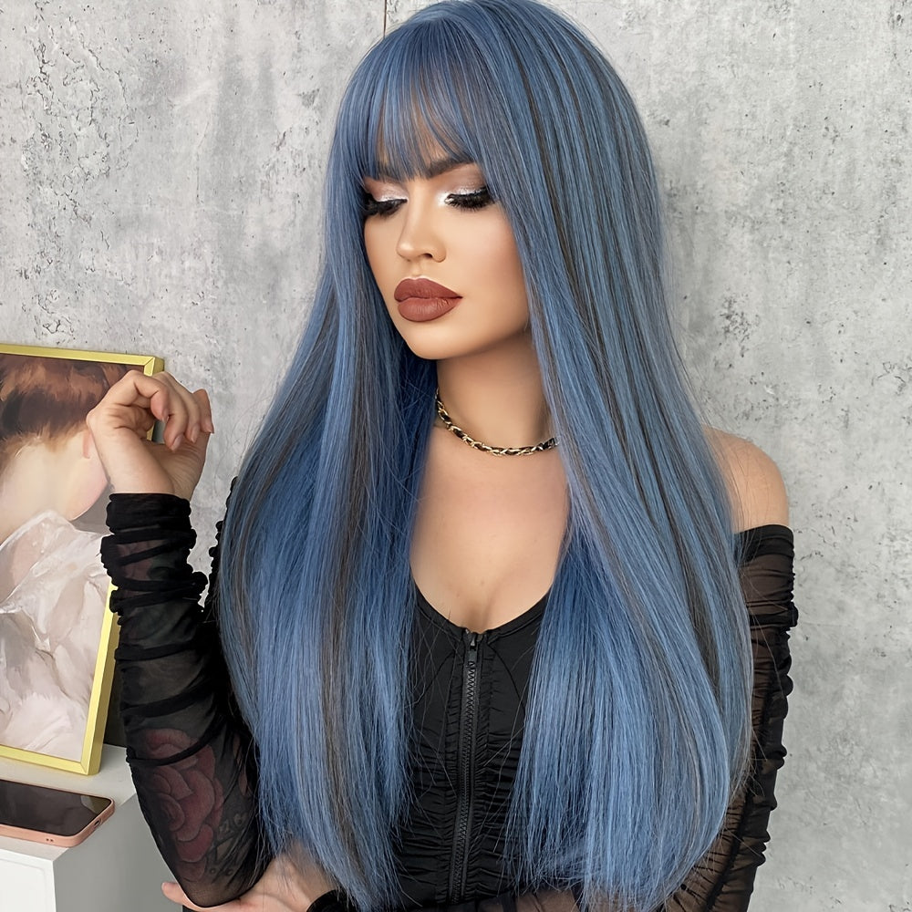 Long Ash Blue Straight Heat Resistant Wig with Bangs - Natural Looking Synthetic Hair for Bachelorette Party, Cosplay, Music Festival and Fantasy Themed Events - Versatile and Easy to Style Wig for Women