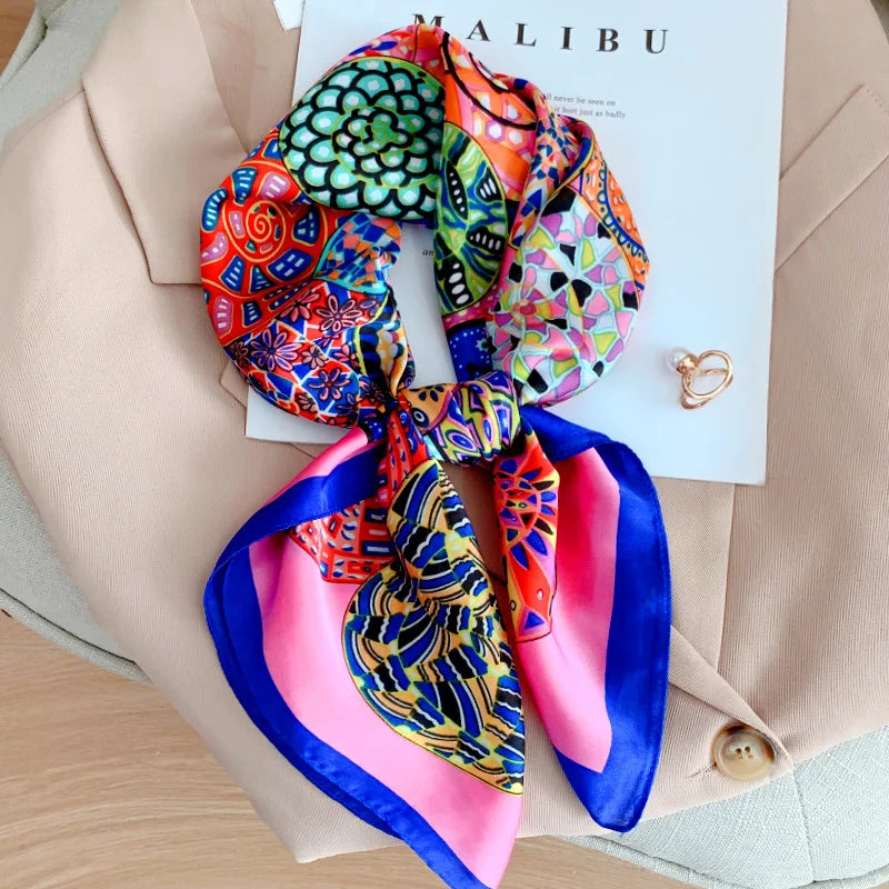 70x70cm Four Seasons Print Silk Scarf | Travel-Friendly Beach Kerchief & Sunscreen Headcloth | Women's Fashion Accessory - Smooth Wigs