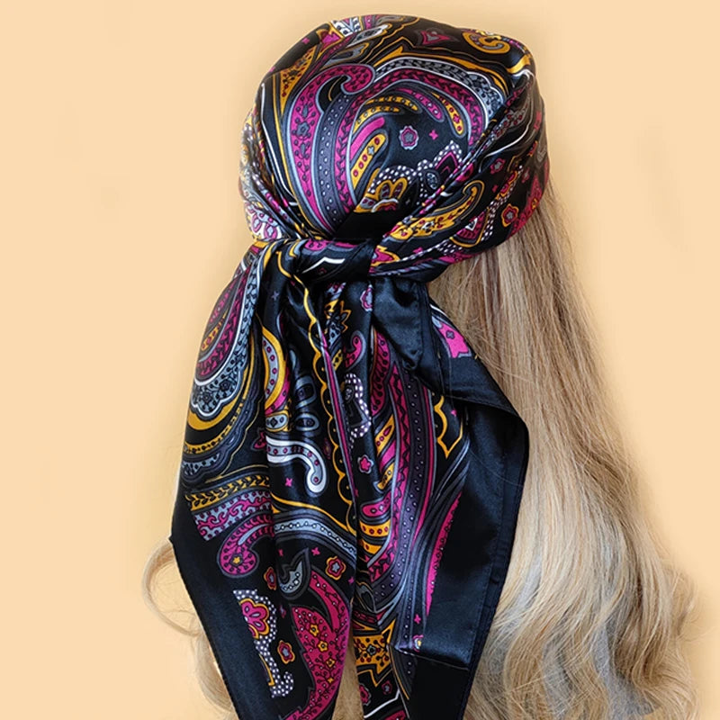 90x90cm Silk Scarf | 2025 Trendy Beach Sunscreen Shawl | Europe & America Style Printed Bandanna for Women - Smooth Wigs