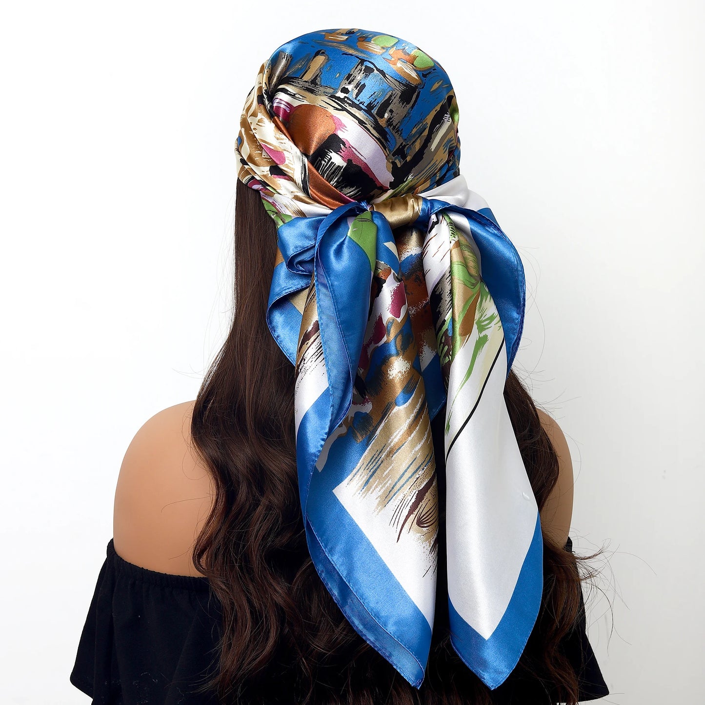 90x90cm Silk Scarf | 2025 Trendy Beach Sunscreen Shawl | Europe & America Style Printed Bandanna for Women - Smooth Wigs