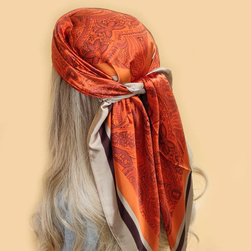 90x90cm Silk Scarf | 2025 Trendy Beach Sunscreen Shawl | Europe & America Style Printed Bandanna for Women - Smooth Wigs