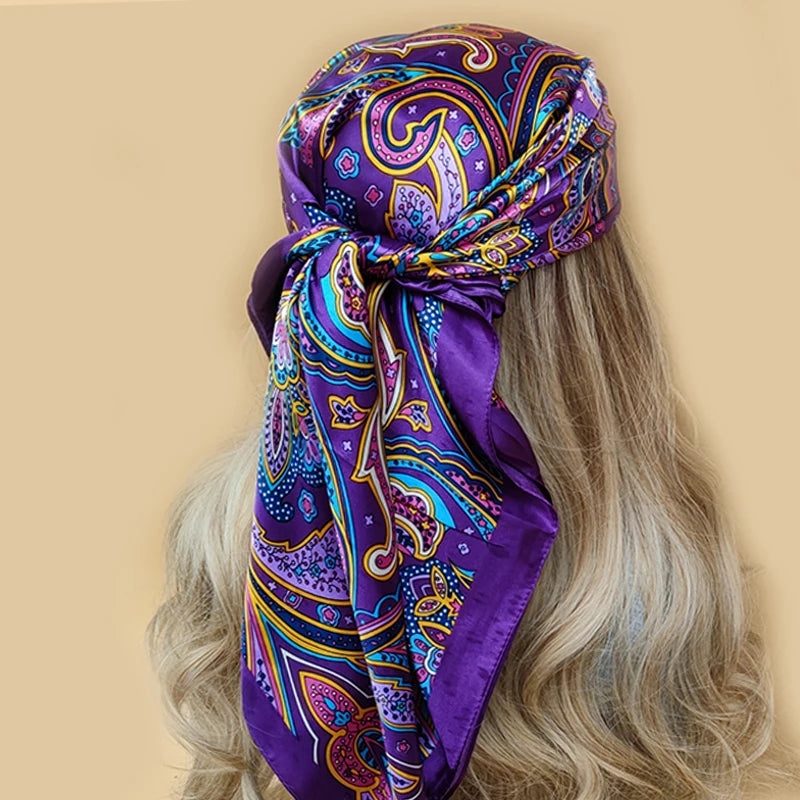 90x90cm Silk Scarf | 2025 Trendy Beach Sunscreen Shawl | Europe & America Style Printed Bandanna for Women - Smooth Wigs