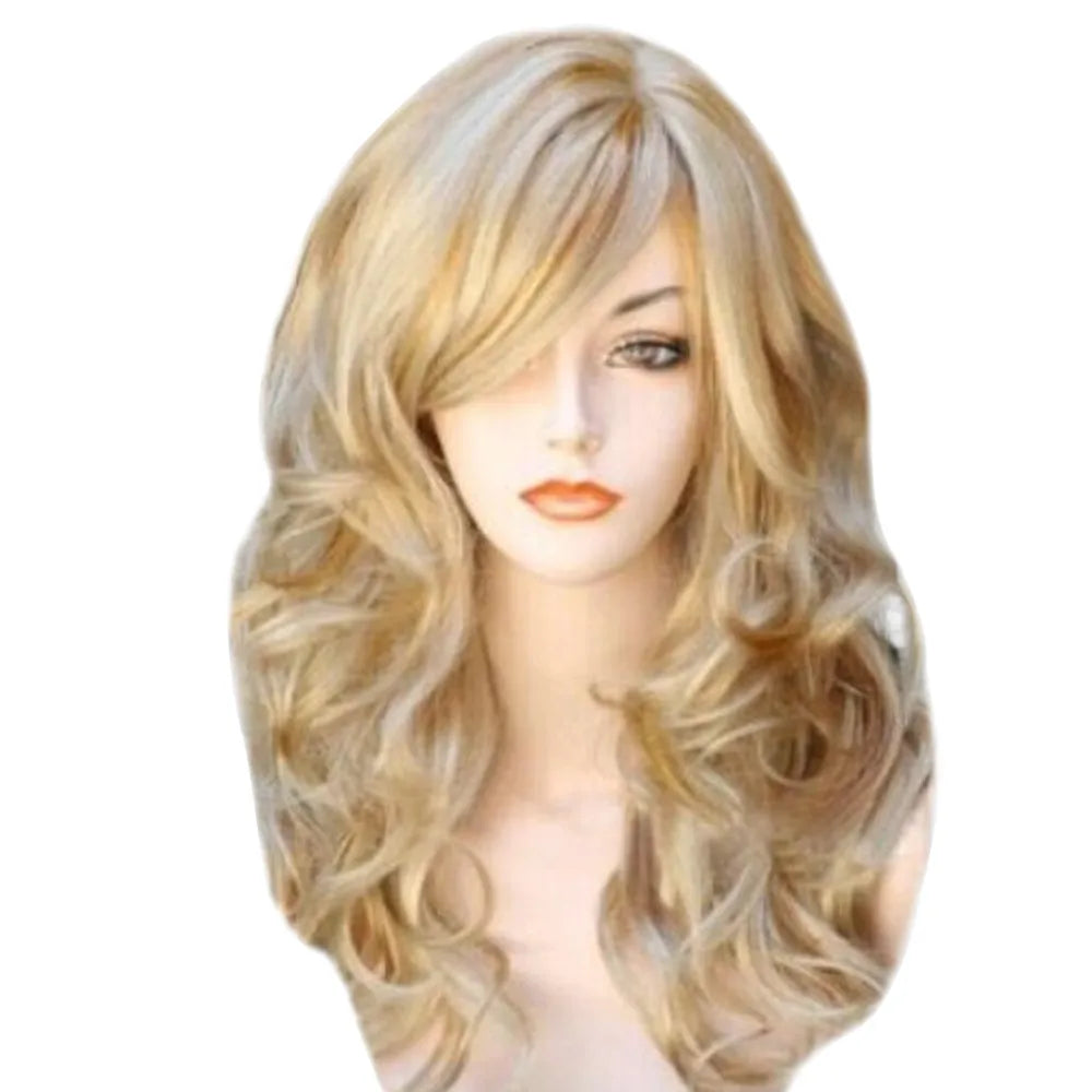 Golden Long Curly Wig | Transparent Lace Front Heat-Resistant Fiber Wig | Blonde Party Costume for Women - Smooth Wigs