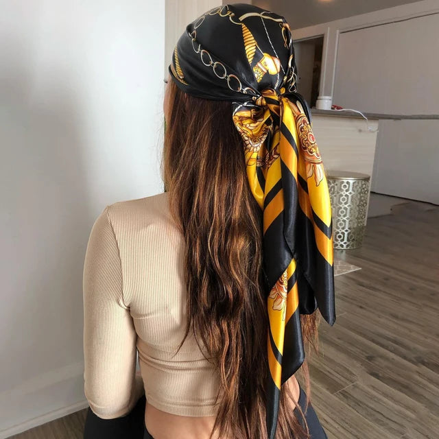 90x90cm Silk Scarf | 2025 Trendy Beach Sunscreen Shawl | Europe & America Style Printed Bandanna for Women - Smooth Wigs