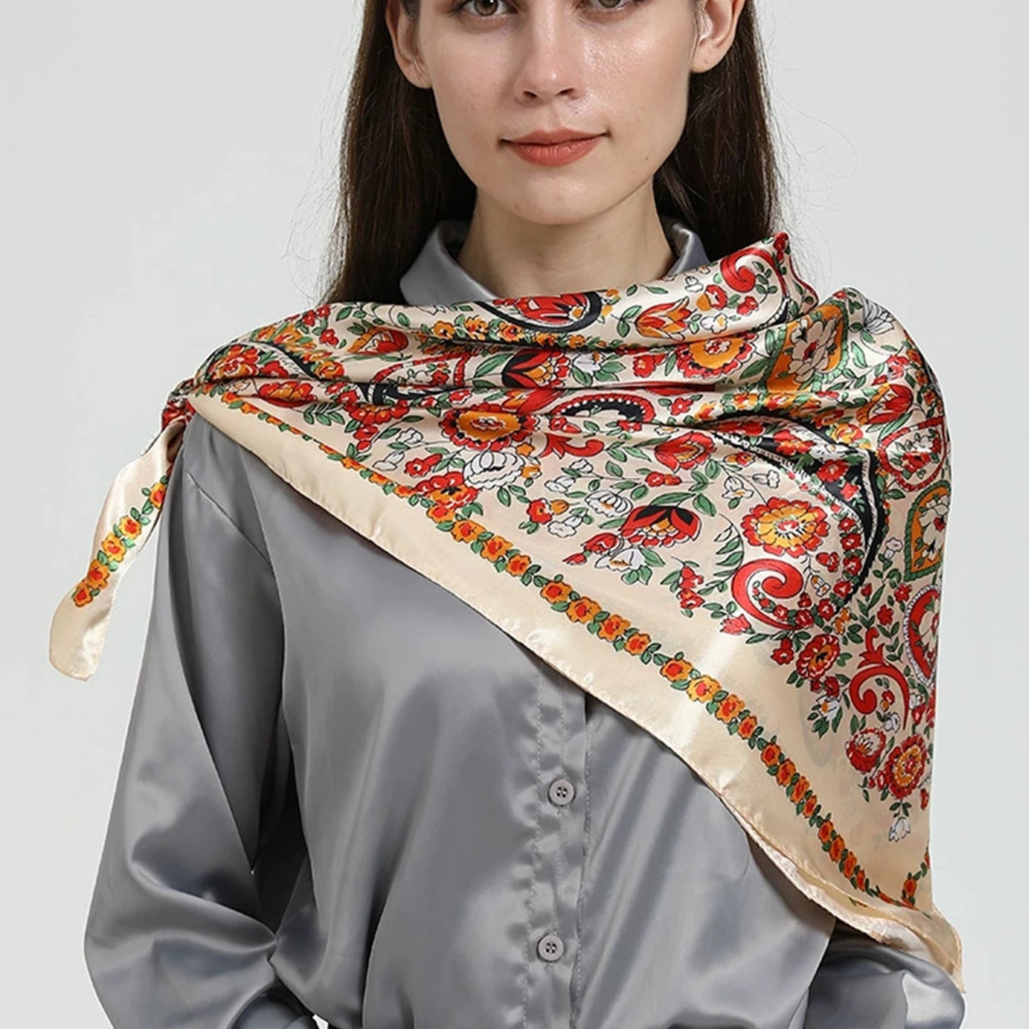 90x90cm Silk Scarf | 2025 Trendy Beach Sunscreen Shawl | Europe & America Style Printed Bandanna for Women - Smooth Wigs