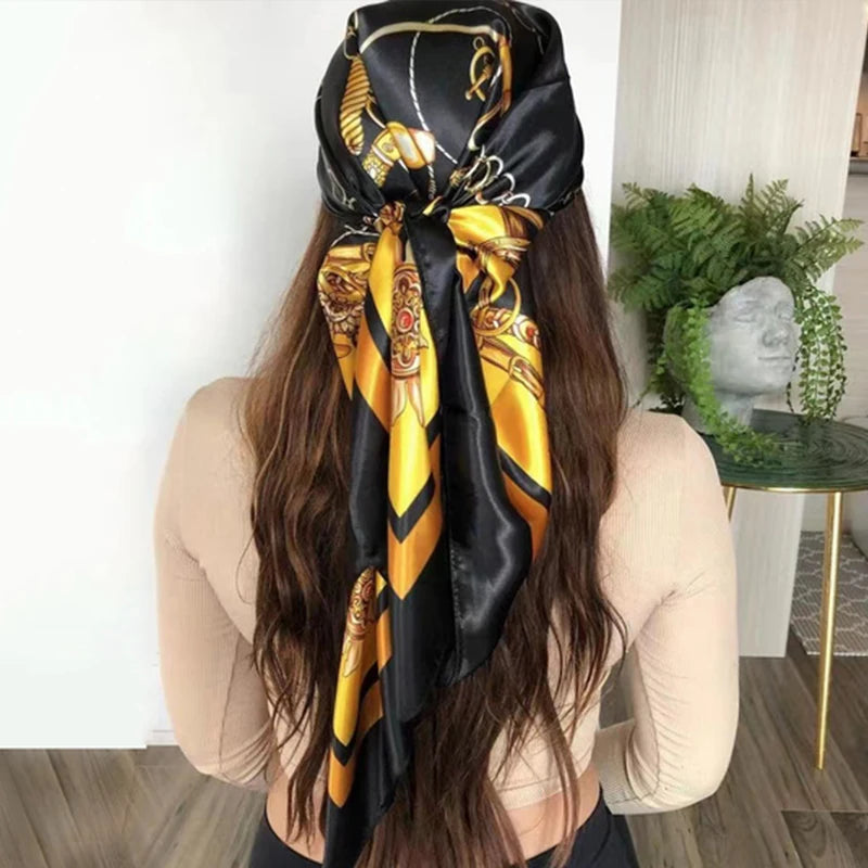 90x90cm Silk Scarf | 2025 Trendy Beach Sunscreen Shawl | Europe & America Style Printed Bandanna for Women - Smooth Wigs
