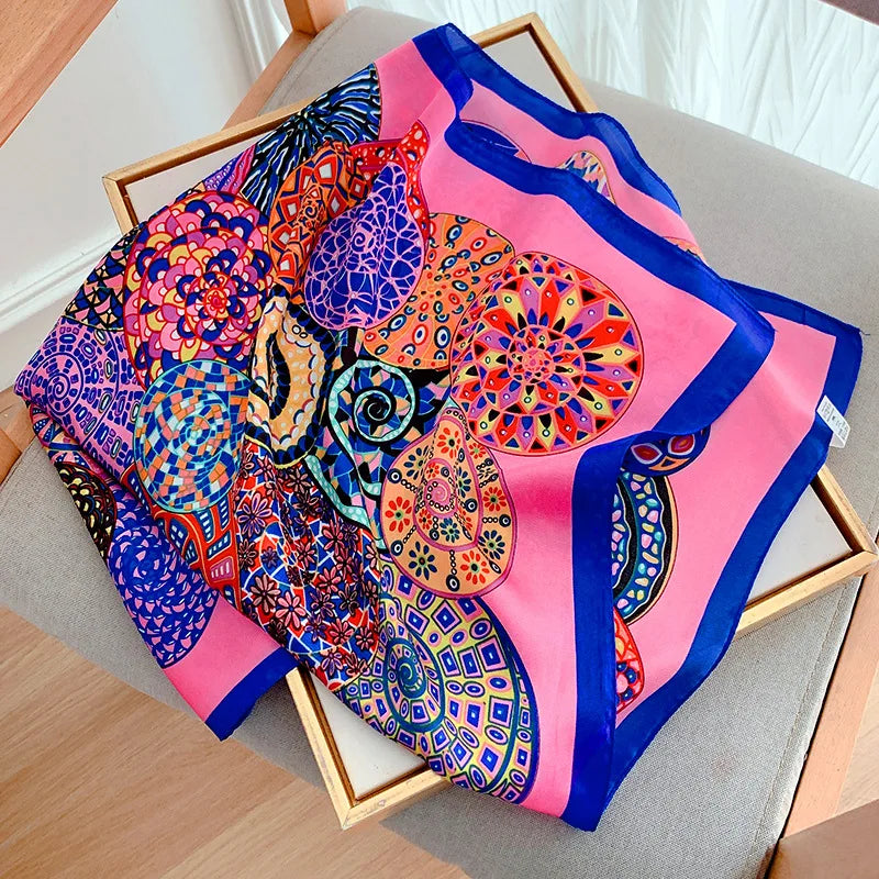 70x70cm Four Seasons Print Silk Scarf | Travel-Friendly Beach Kerchief & Sunscreen Headcloth | Women's Fashion Accessory - Smooth Wigs