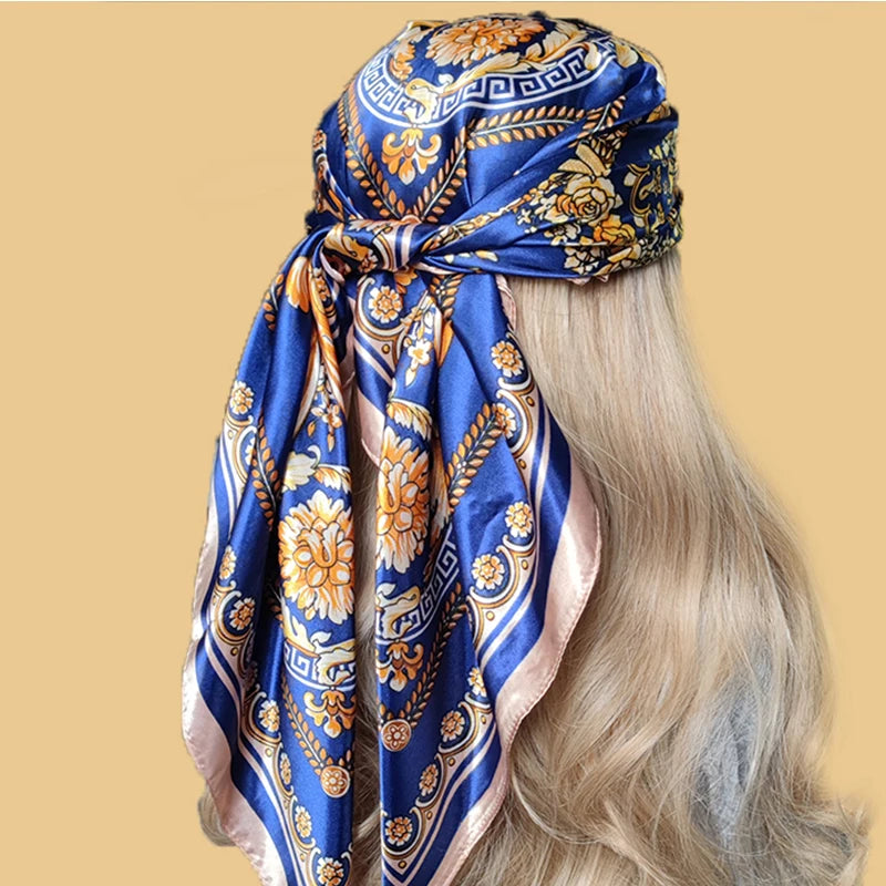 90x90cm Silk Scarf | 2025 Trendy Beach Sunscreen Shawl | Europe & America Style Printed Bandanna for Women - Smooth Wigs