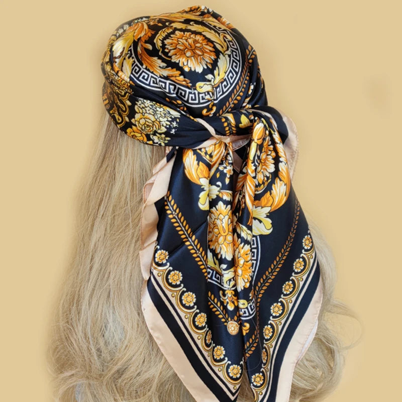 90x90cm Silk Scarf | 2025 Trendy Beach Sunscreen Shawl | Europe & America Style Printed Bandanna for Women - Smooth Wigs