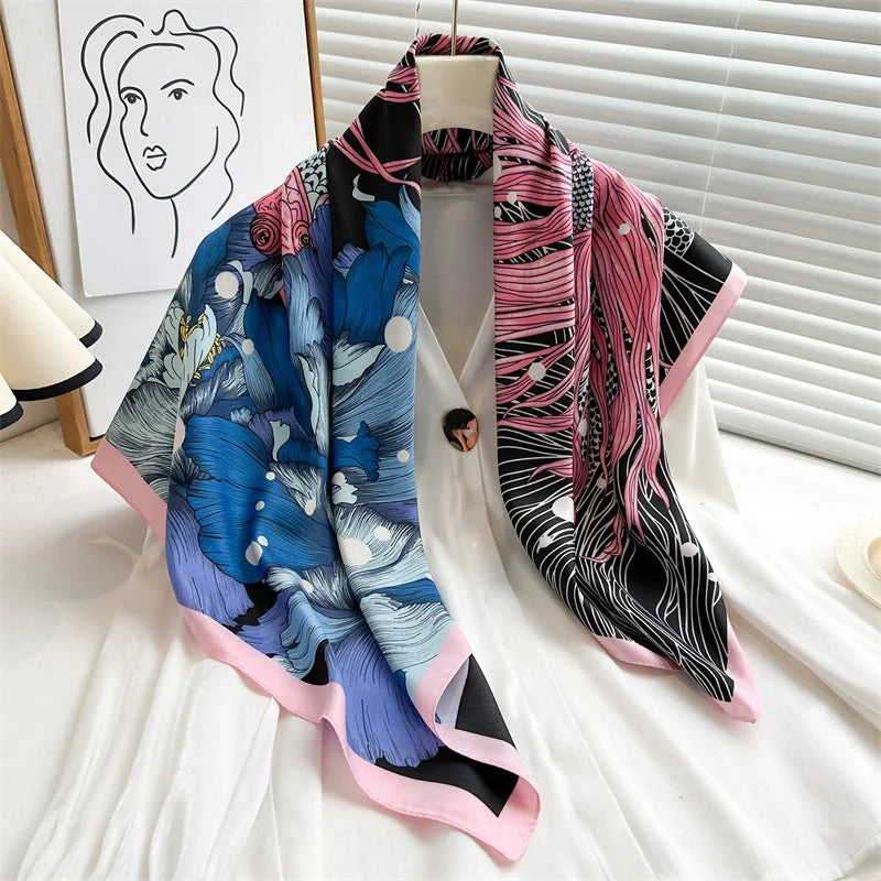 90x90cm Luxury Twill Silk-Feel Scarf | Women's Head Wrap & Shawl with Elegant Hair Tree Print | Versatile Neck Scarf - Smooth Wigs