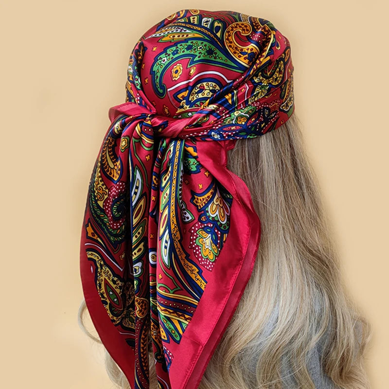 90x90cm Silk Scarf | 2025 Trendy Beach Sunscreen Shawl | Europe & America Style Printed Bandanna for Women - Smooth Wigs