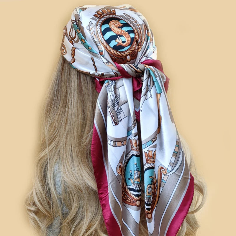 90x90cm Silk Scarf | 2025 Trendy Beach Sunscreen Shawl | Europe & America Style Printed Bandanna for Women - Smooth Wigs