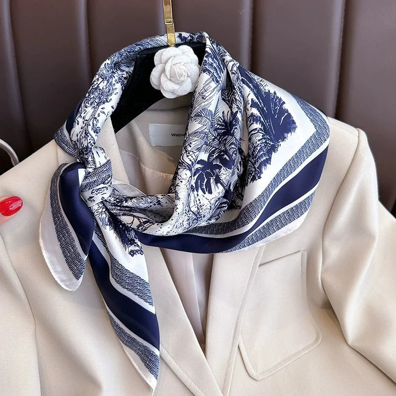 70x70cm Four Seasons Print Silk Scarf | Travel-Friendly Beach Kerchief & Sunscreen Headcloth | Women's Fashion Accessory - Smooth Wigs