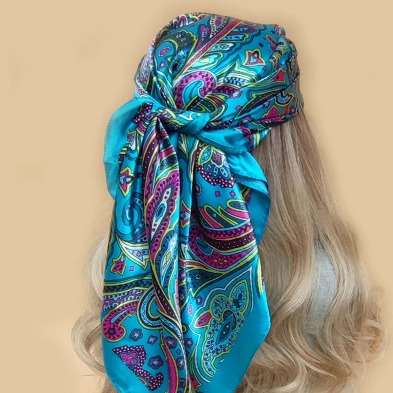 90x90cm Silk Scarf | 2025 Trendy Beach Sunscreen Shawl | Europe & America Style Printed Bandanna for Women - Smooth Wigs