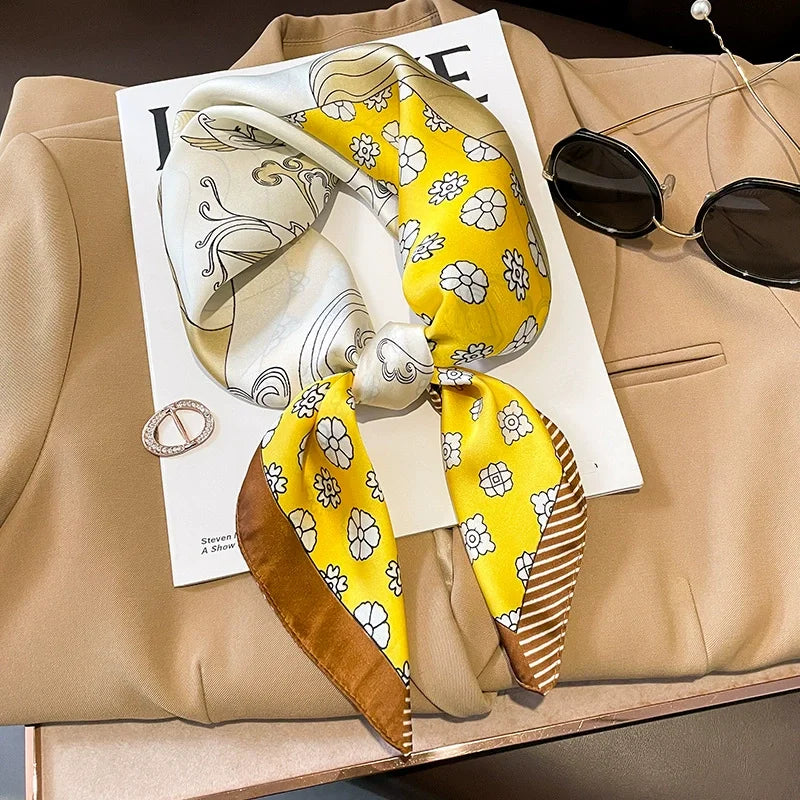 70x70cm Four Seasons Print Silk Scarf | Travel-Friendly Beach Kerchief & Sunscreen Headcloth | Women's Fashion Accessory - Smooth Wigs