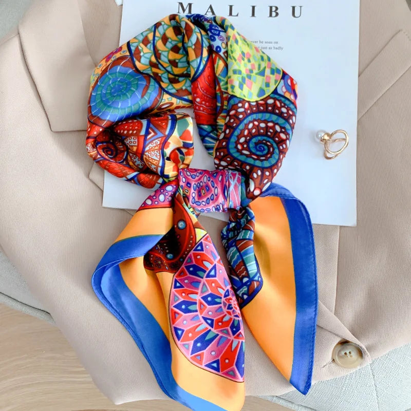 70x70cm Four Seasons Print Silk Scarf | Travel-Friendly Beach Kerchief & Sunscreen Headcloth | Women's Fashion Accessory - Smooth Wigs