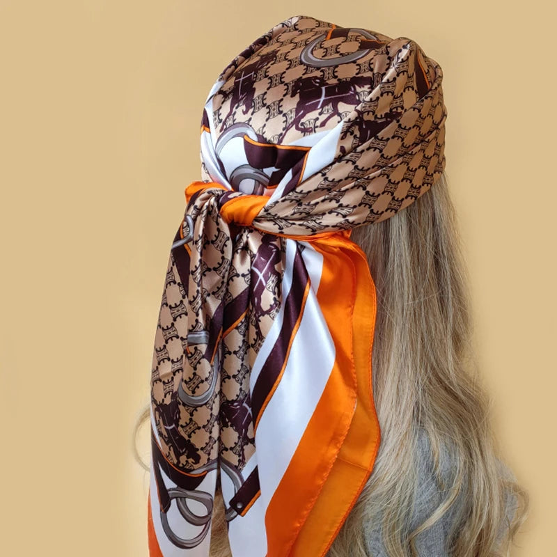 90x90cm Silk Scarf | 2025 Trendy Beach Sunscreen Shawl | Europe & America Style Printed Bandanna for Women - Smooth Wigs