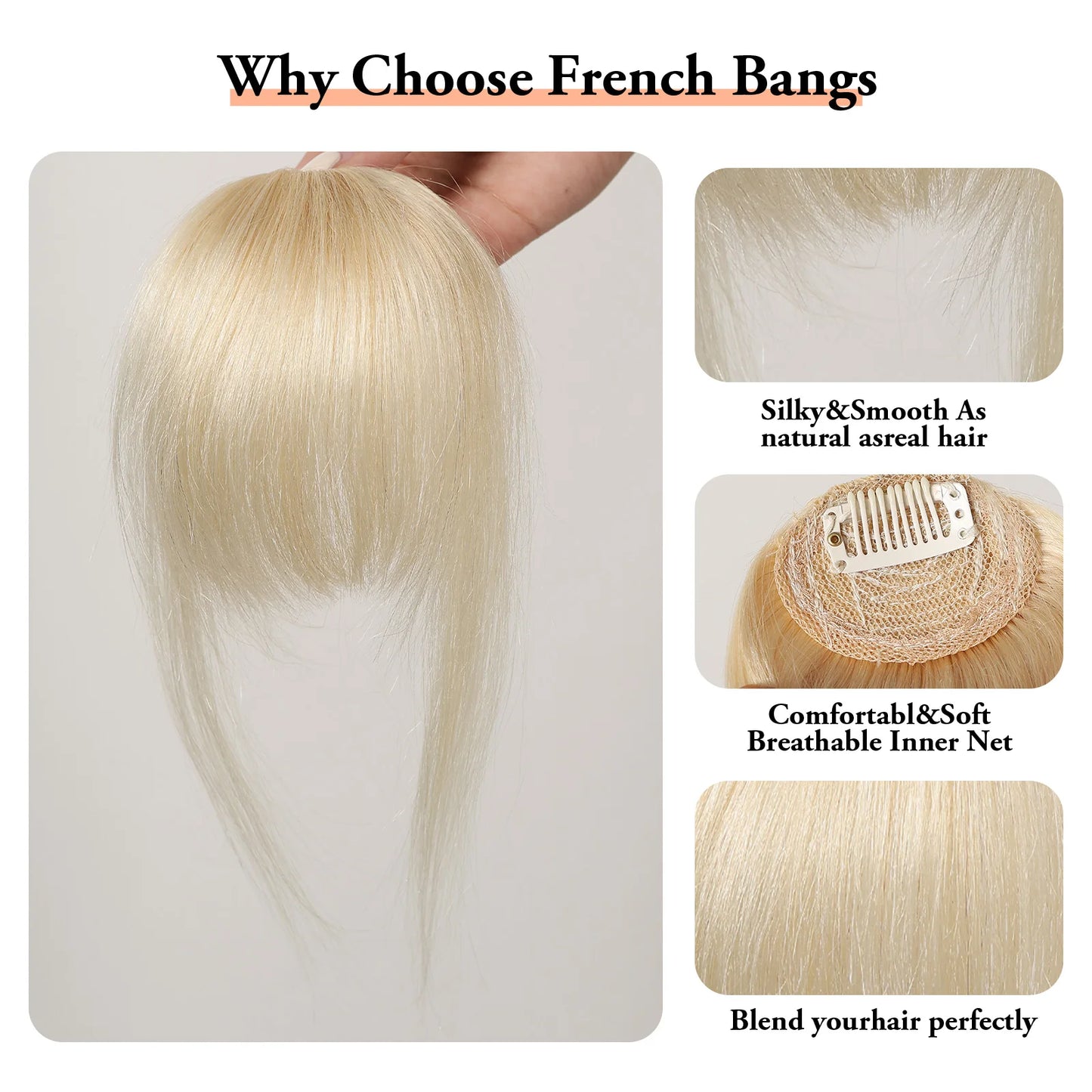 4.5-Inch Platinum Blonde Remy Human Hair Bangs | Clip-In Fringe Hairpiece for Women | 100% Human Hair Bangs Extension - Smooth Wigs