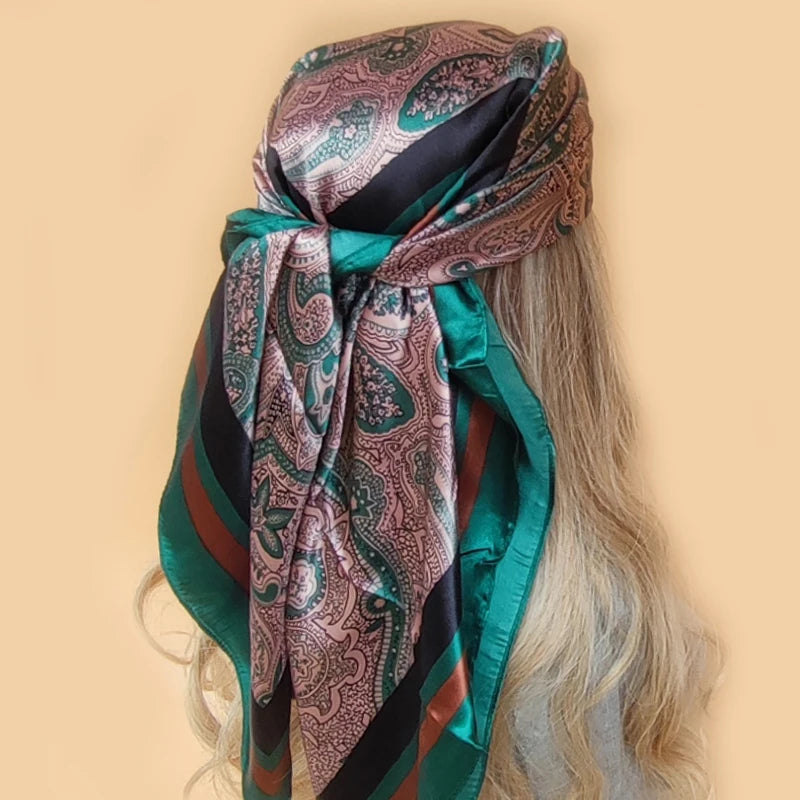 90x90cm Silk Scarf | 2025 Trendy Beach Sunscreen Shawl | Europe & America Style Printed Bandanna for Women - Smooth Wigs