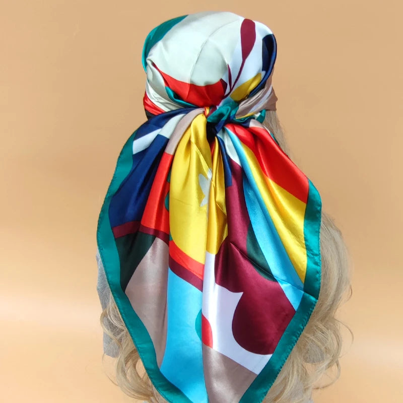 90x90cm Silk Scarf | 2025 Trendy Beach Sunscreen Shawl | Europe & America Style Printed Bandanna for Women - Smooth Wigs