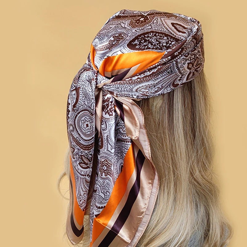 90x90cm Silk Scarf | 2025 Trendy Beach Sunscreen Shawl | Europe & America Style Printed Bandanna for Women - Smooth Wigs
