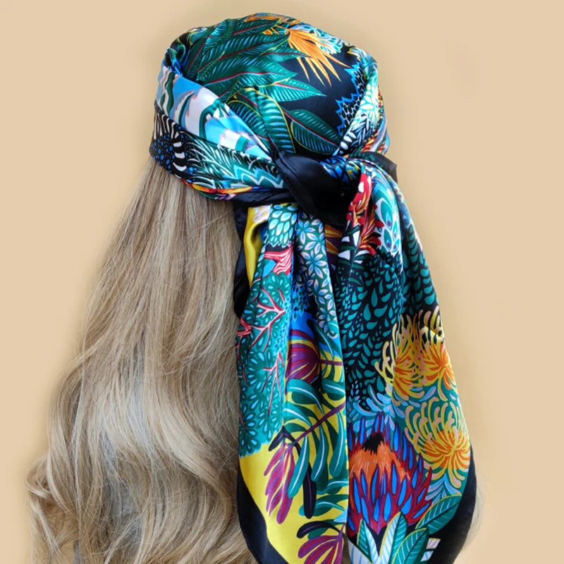 90x90cm Silk Scarf | 2025 Trendy Beach Sunscreen Shawl | Europe & America Style Printed Bandanna for Women - Smooth Wigs