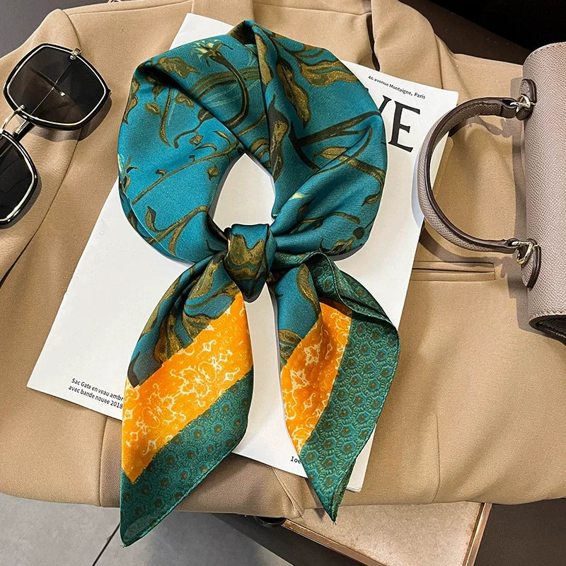 70x70cm Four Seasons Print Silk Scarf | Travel-Friendly Beach Kerchief & Sunscreen Headcloth | Women's Fashion Accessory - Smooth Wigs