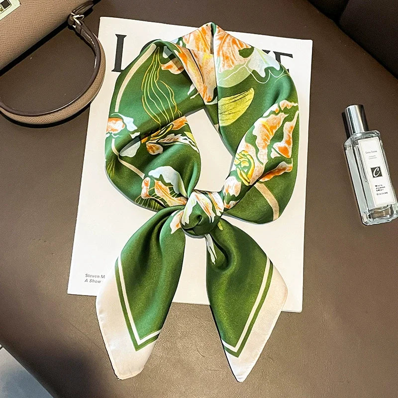 70x70cm Four Seasons Print Silk Scarf | Travel-Friendly Beach Kerchief & Sunscreen Headcloth | Women's Fashion Accessory - Smooth Wigs