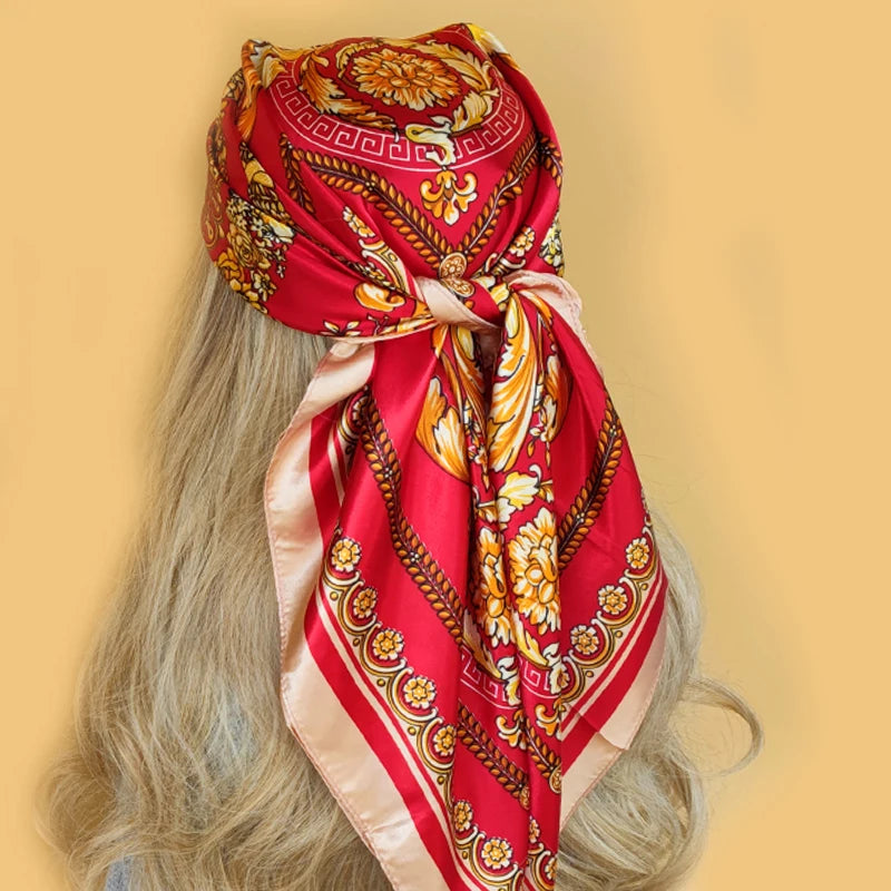90x90cm Silk Scarf | 2025 Trendy Beach Sunscreen Shawl | Europe & America Style Printed Bandanna for Women - Smooth Wigs