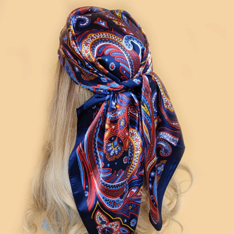 90x90cm Silk Scarf | 2025 Trendy Beach Sunscreen Shawl | Europe & America Style Printed Bandanna for Women - Smooth Wigs