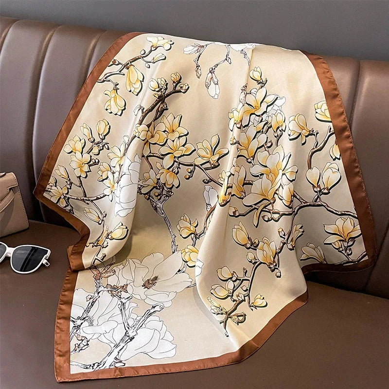 70x70cm Four Seasons Print Silk Scarf | Travel-Friendly Beach Kerchief & Sunscreen Headcloth | Women's Fashion Accessory - Smooth Wigs