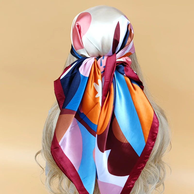 90x90cm Silk Scarf | 2025 Trendy Beach Sunscreen Shawl | Europe & America Style Printed Bandanna for Women - Smooth Wigs