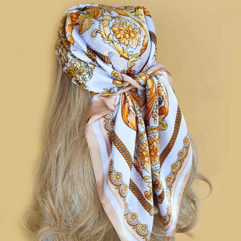 90x90cm Silk Scarf | 2025 Trendy Beach Sunscreen Shawl | Europe & America Style Printed Bandanna for Women - Smooth Wigs