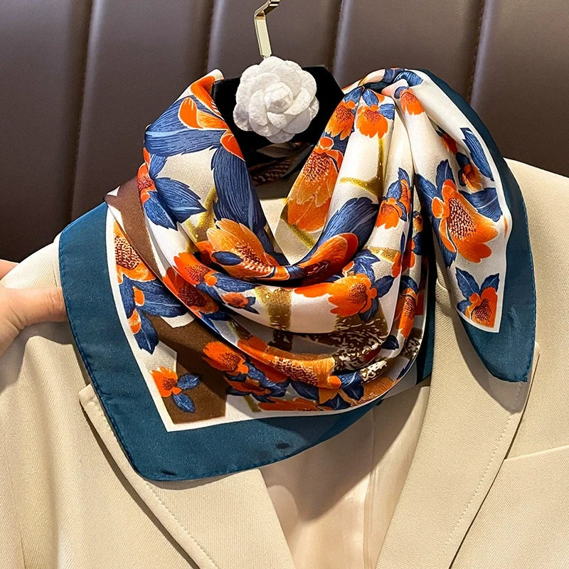 70x70cm Four Seasons Print Silk Scarf | Travel-Friendly Beach Kerchief & Sunscreen Headcloth | Women's Fashion Accessory - Smooth Wigs