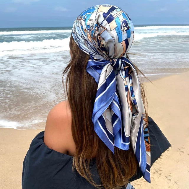 90x90cm Silk Scarf | 2025 Trendy Beach Sunscreen Shawl | Europe & America Style Printed Bandanna for Women - Smooth Wigs