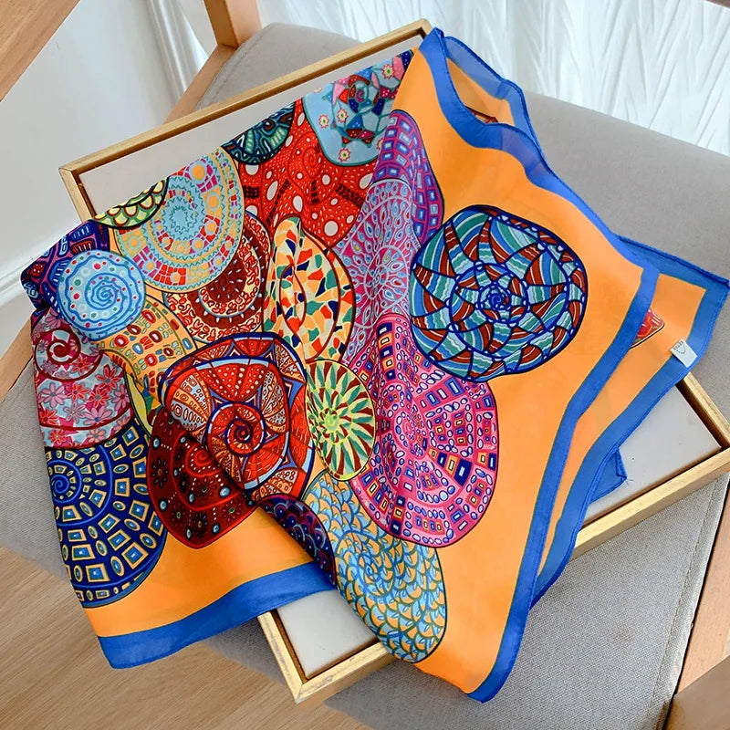 70x70cm Four Seasons Print Silk Scarf | Travel-Friendly Beach Kerchief & Sunscreen Headcloth | Women's Fashion Accessory - Smooth Wigs