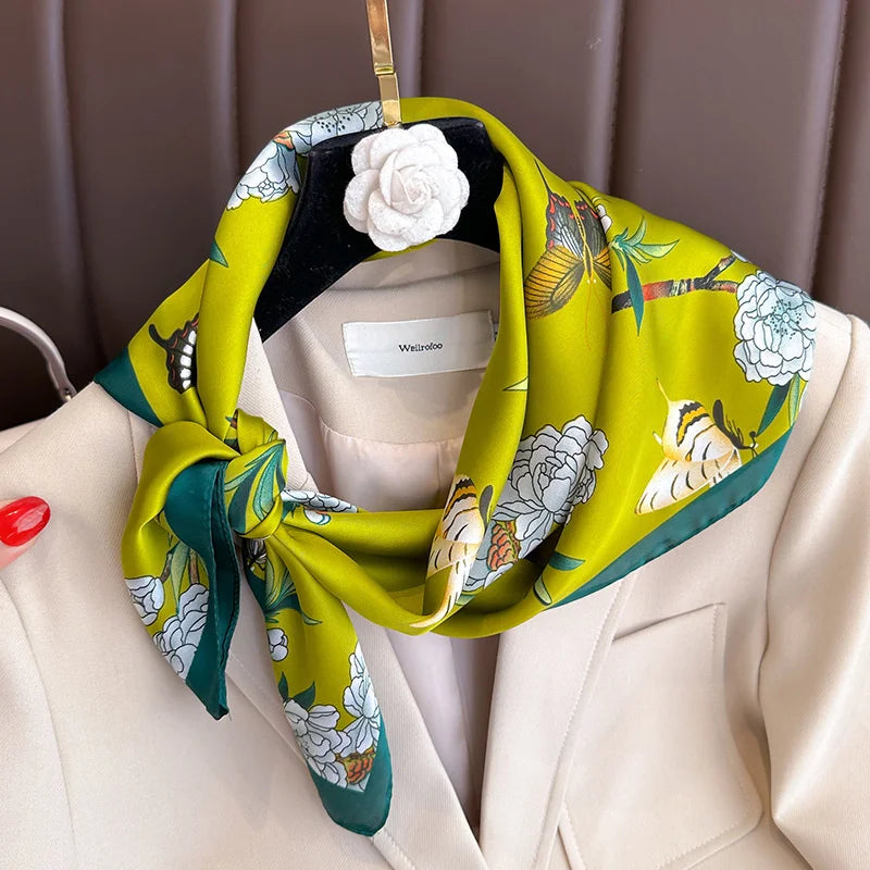 70x70cm Four Seasons Print Silk Scarf | Travel-Friendly Beach Kerchief & Sunscreen Headcloth | Women's Fashion Accessory - Smooth Wigs