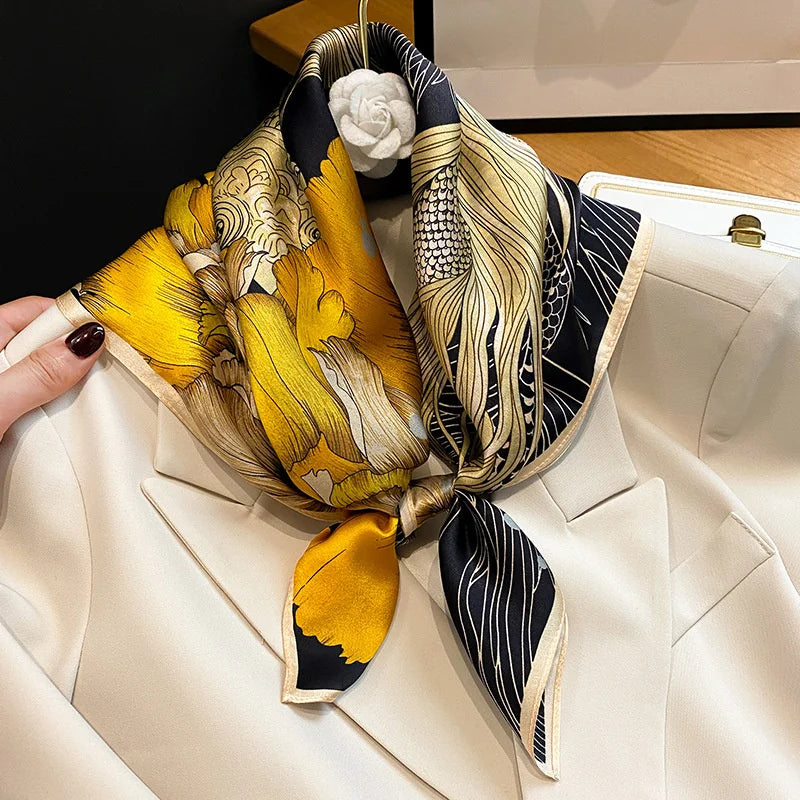 70x70cm Four Seasons Print Silk Scarf | Travel-Friendly Beach Kerchief & Sunscreen Headcloth | Women's Fashion Accessory - Smooth Wigs