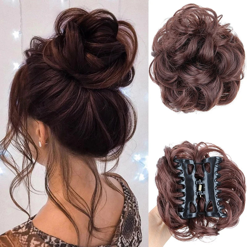 Messy Bun Hairpiece | Short Curly Wavy Chignon Updo with Claw Clip | Black & Blonde Hair Extensions for Women - Smooth Wigs