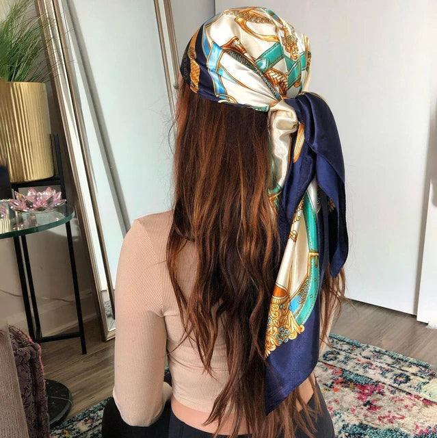 90x90cm Silk Scarf | 2025 Trendy Beach Sunscreen Shawl | Europe & America Style Printed Bandanna for Women - Smooth Wigs