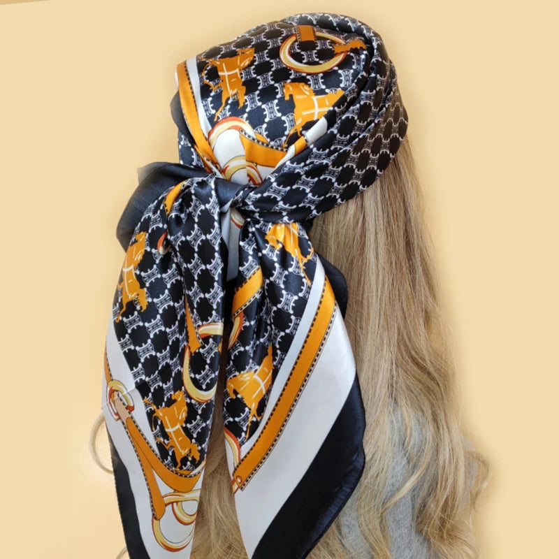 90x90cm Silk Scarf | 2025 Trendy Beach Sunscreen Shawl | Europe & America Style Printed Bandanna for Women - Smooth Wigs
