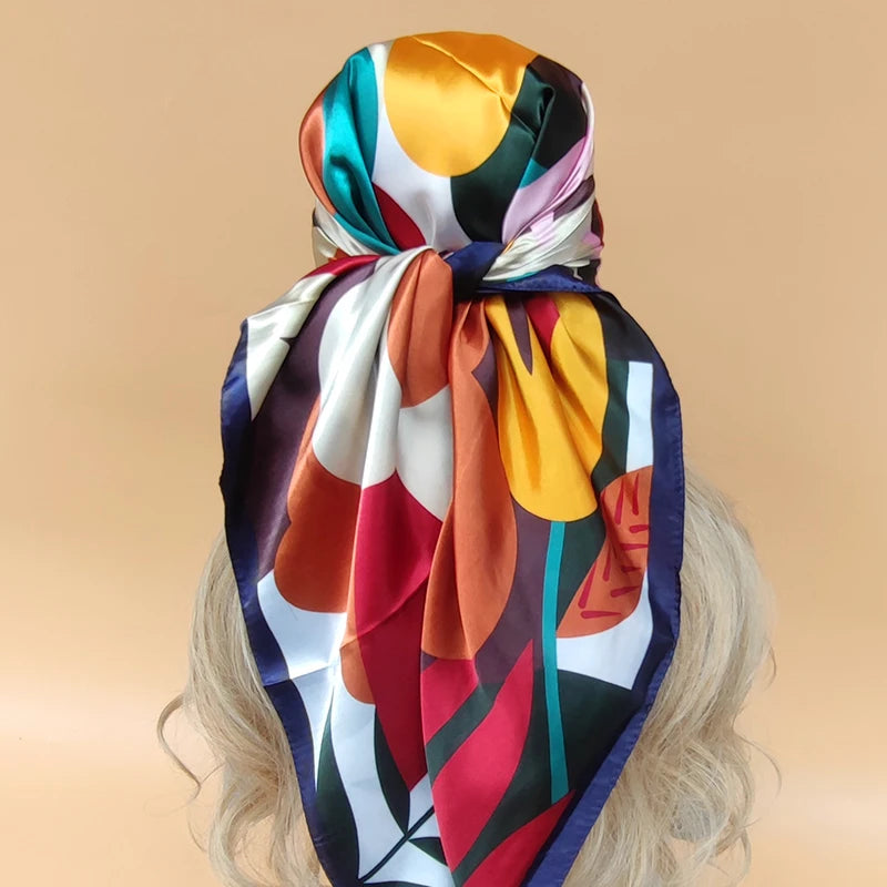 90x90cm Silk Scarf | 2025 Trendy Beach Sunscreen Shawl | Europe & America Style Printed Bandanna for Women - Smooth Wigs