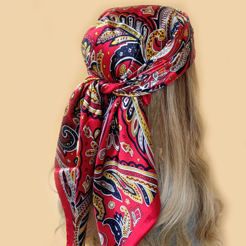 90x90cm Silk Scarf | 2025 Trendy Beach Sunscreen Shawl | Europe & America Style Printed Bandanna for Women - Smooth Wigs