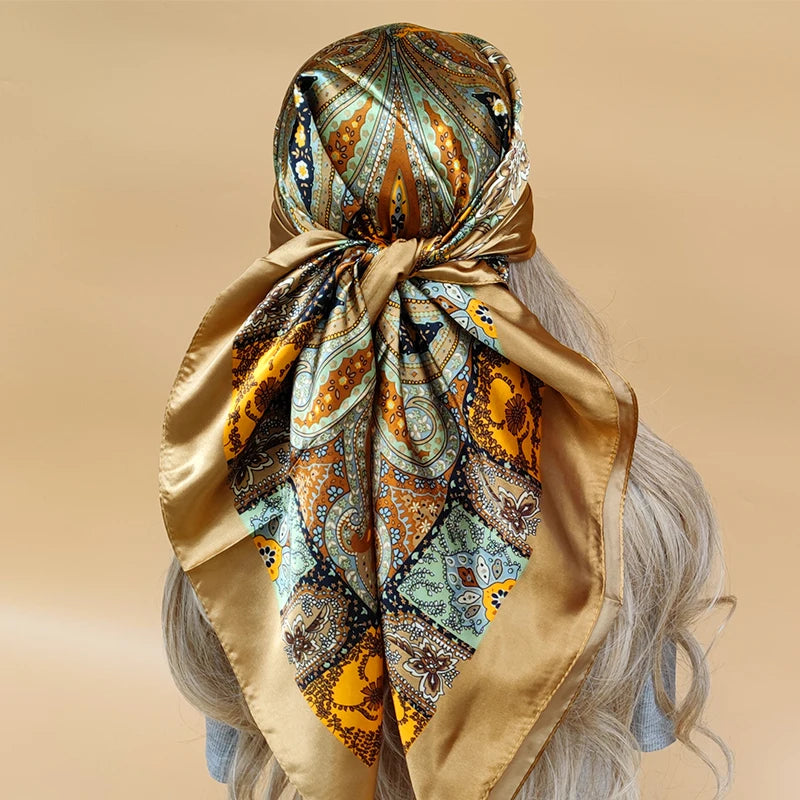 90x90cm Silk Scarf | 2025 Trendy Beach Sunscreen Shawl | Europe & America Style Printed Bandanna for Women - Smooth Wigs