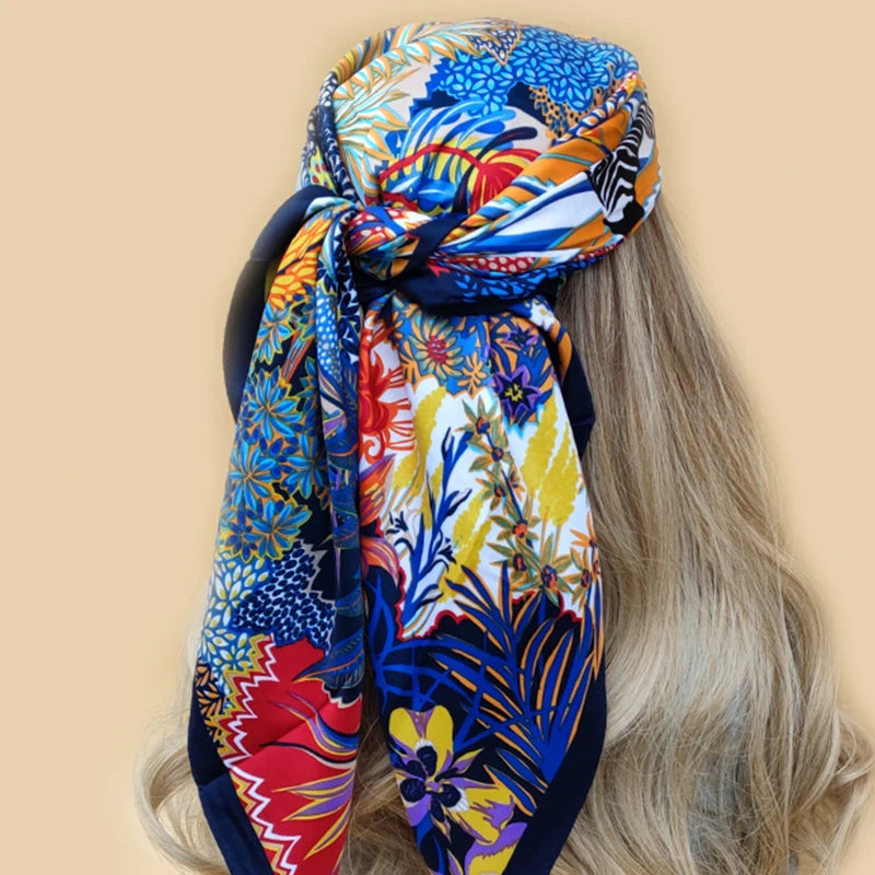 90x90cm Silk Scarf | 2025 Trendy Beach Sunscreen Shawl | Europe & America Style Printed Bandanna for Women - Smooth Wigs